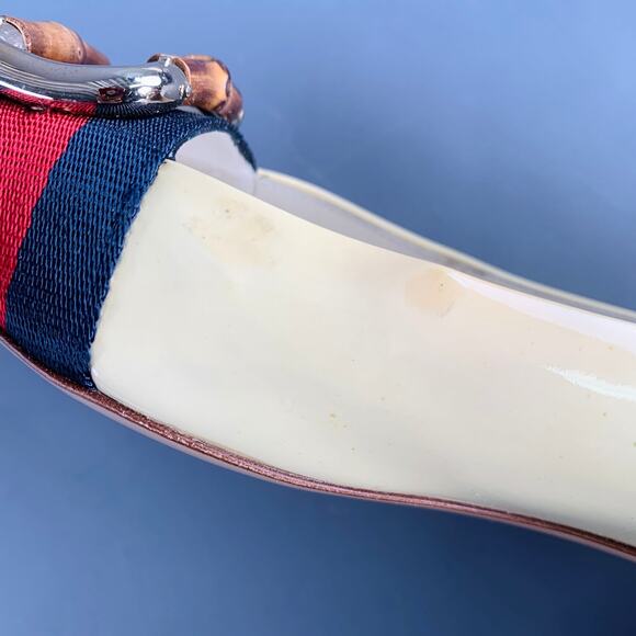 GUCCI Vintage 10 Vernice Beige Red Blue Patent Leather Web Bamboo Buckle Flats - Picture 13 of 15